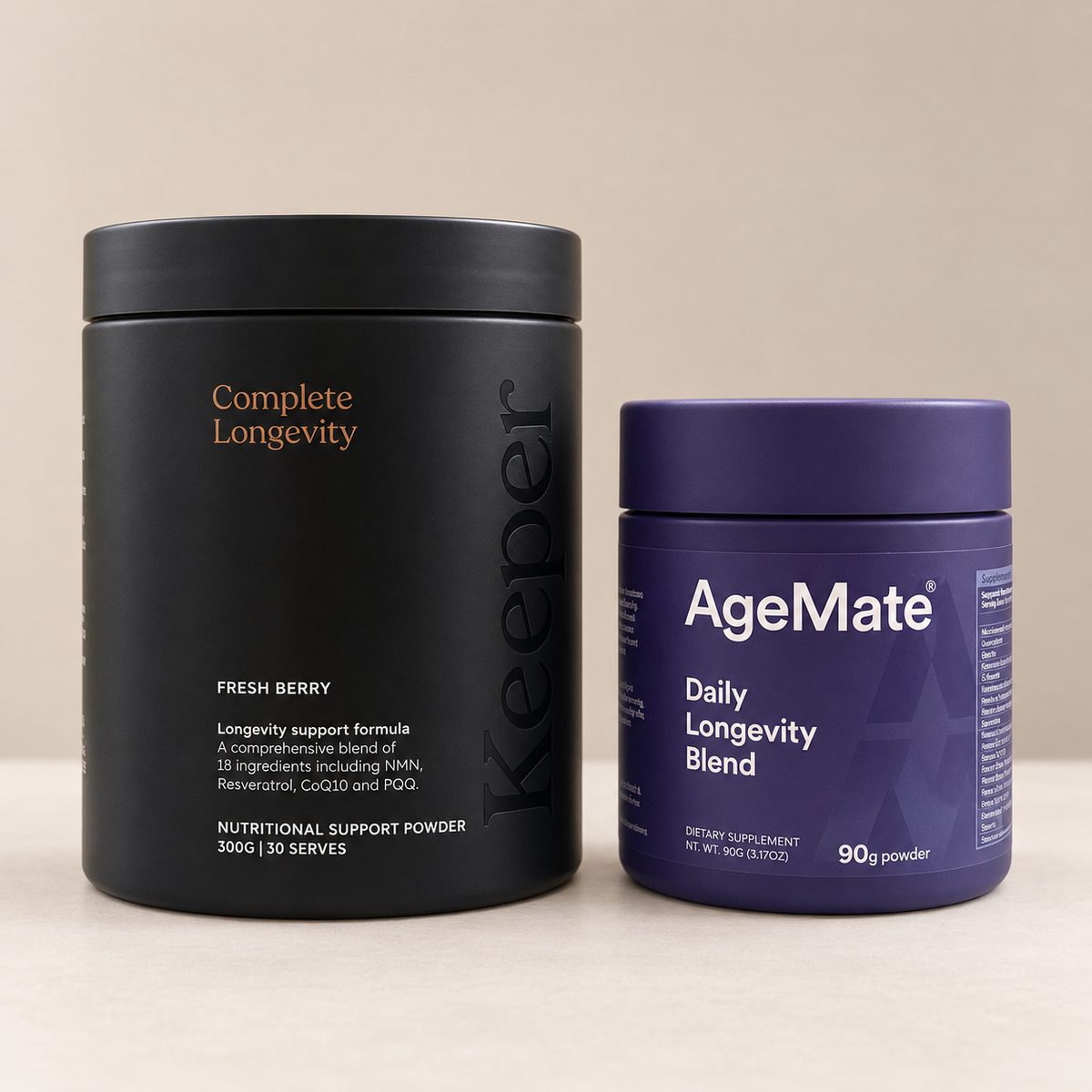 Keeper Complete Longevity 300 g tub beside the standard AgeMate Daily Longevity Blend 90 g tub, showing the difference in container size